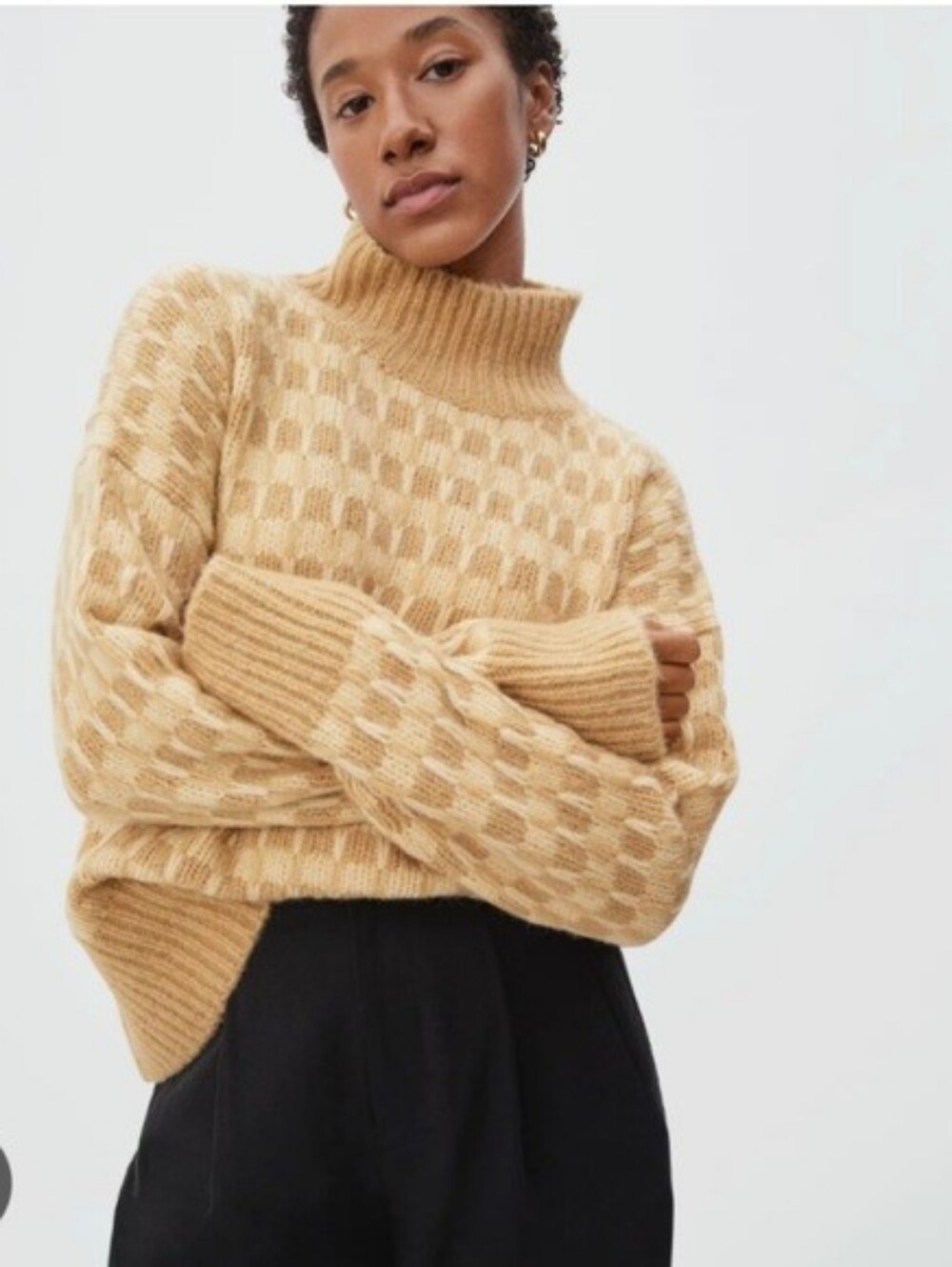 NWOT Everlane The Cloud Checkered Turtleneck Alpaca Wool Sweater Tan Size XS
